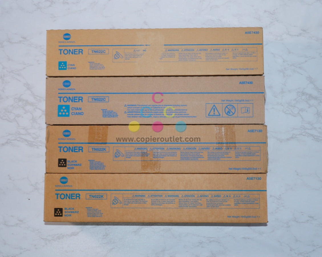 4 OEM Konica Minolta bizhub PRESS C1085,C1100 Cyan and Black Toners TN622C,TN622K
