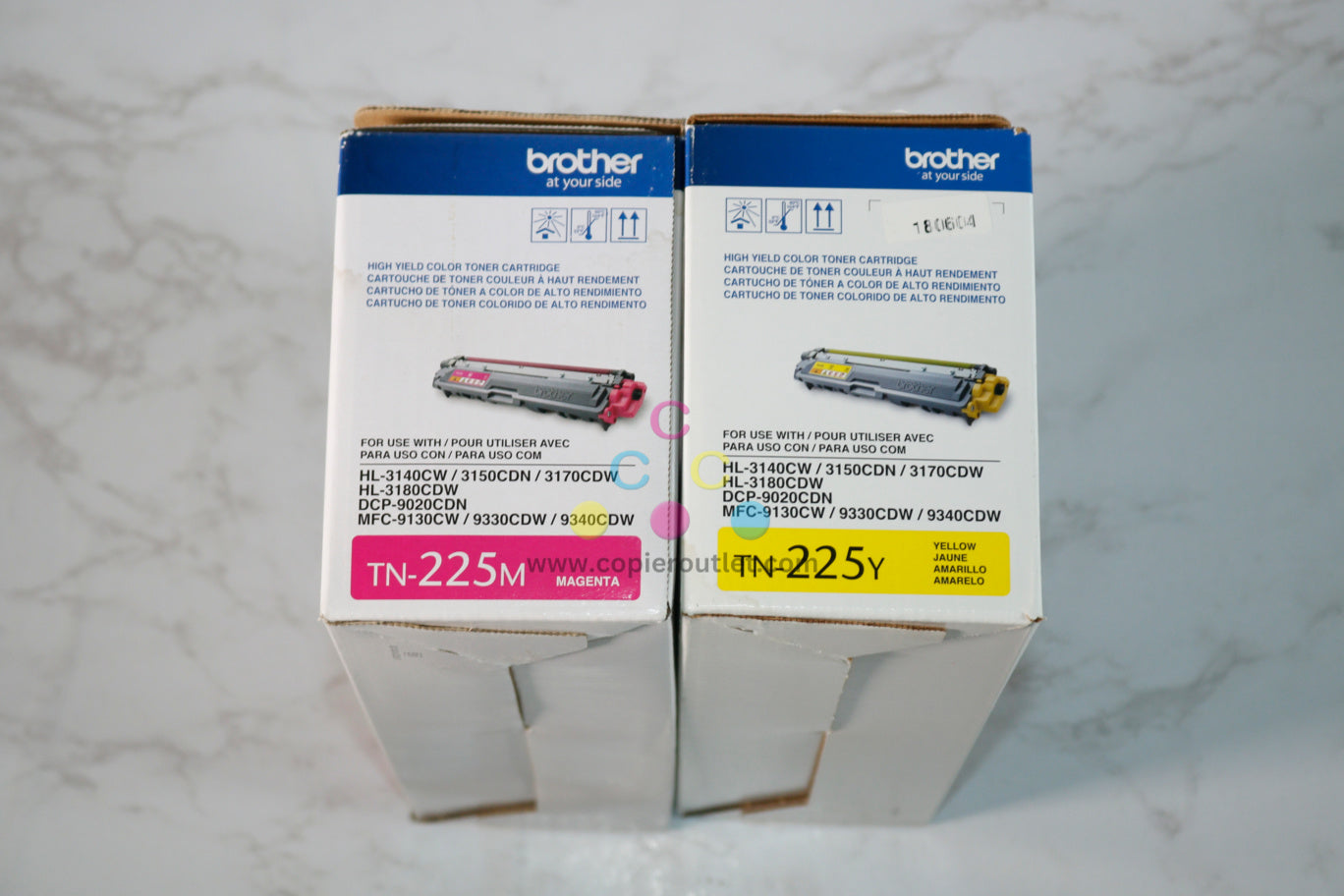 2 OEM Brother HL-3140CW,3170CDW MY High-Yield Toner TN-225M,TN-225Y (water stained)