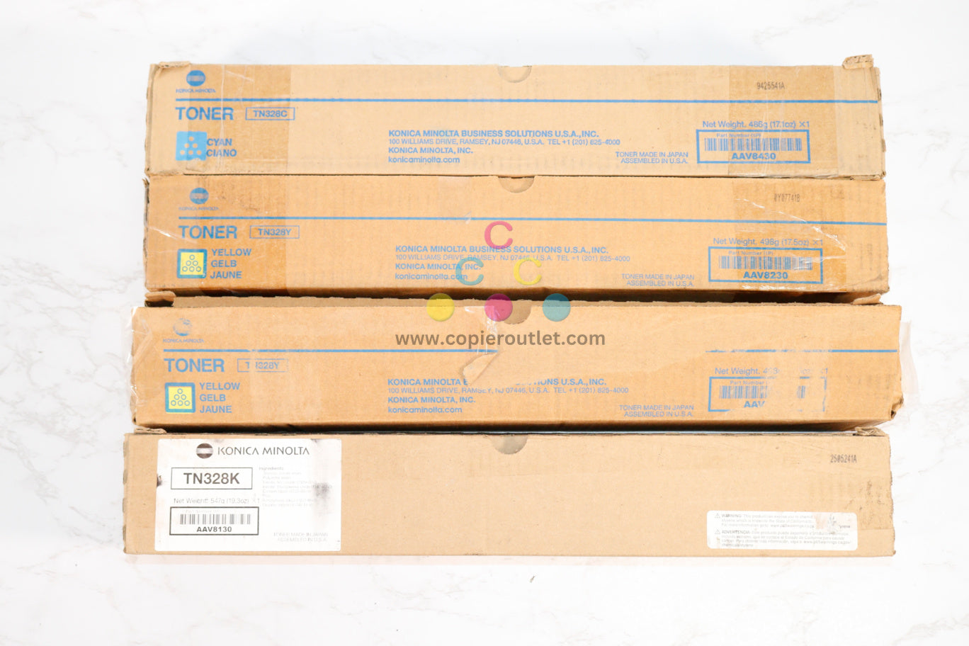 4 Open Box OEM Konica BH C250i,C300i,C360i TN328 C,Y, Y,AK Toners AAV8430,230,130