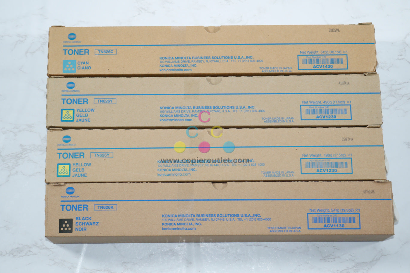 4 New OEM Konica Bizhub C450i/C550i TN626 CYYK Toners ACV1130,230,430