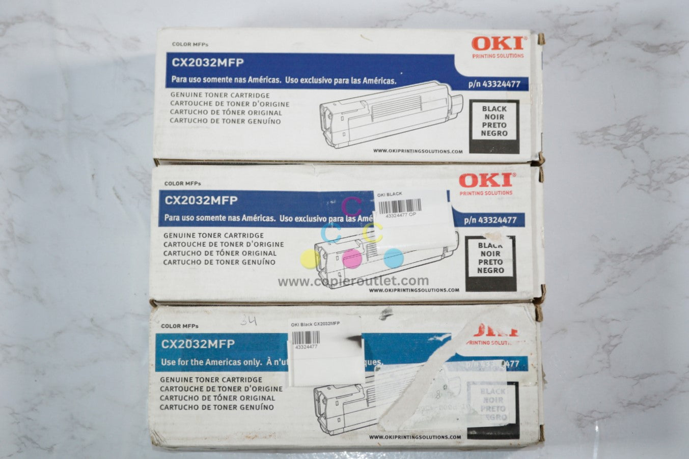 3 Open OEM Oki CX2032 mfp, Black Toner Cartridge 43324477, Same Day Ship