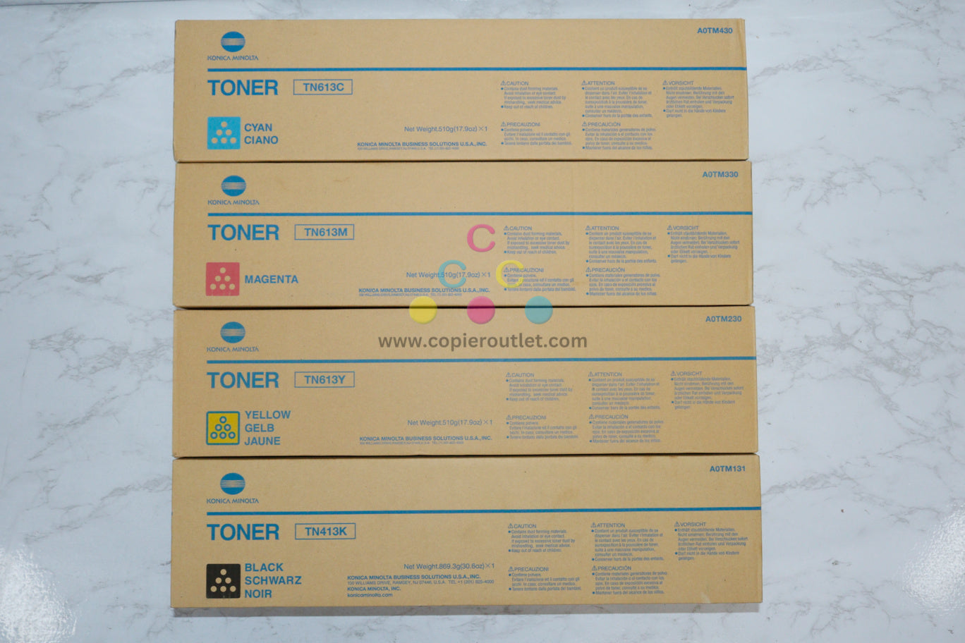 4 OEM Konica BH C452/C552/C652 TN613 CMY TN413K Toner Set Same Day Shipping