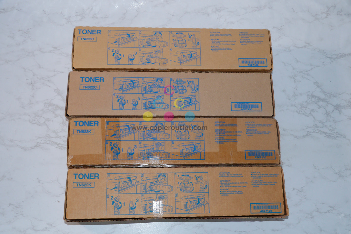 4 OEM Konica Minolta bizhub PRESS C1085,C1100 Cyan and Black Toners TN622C,TN622K