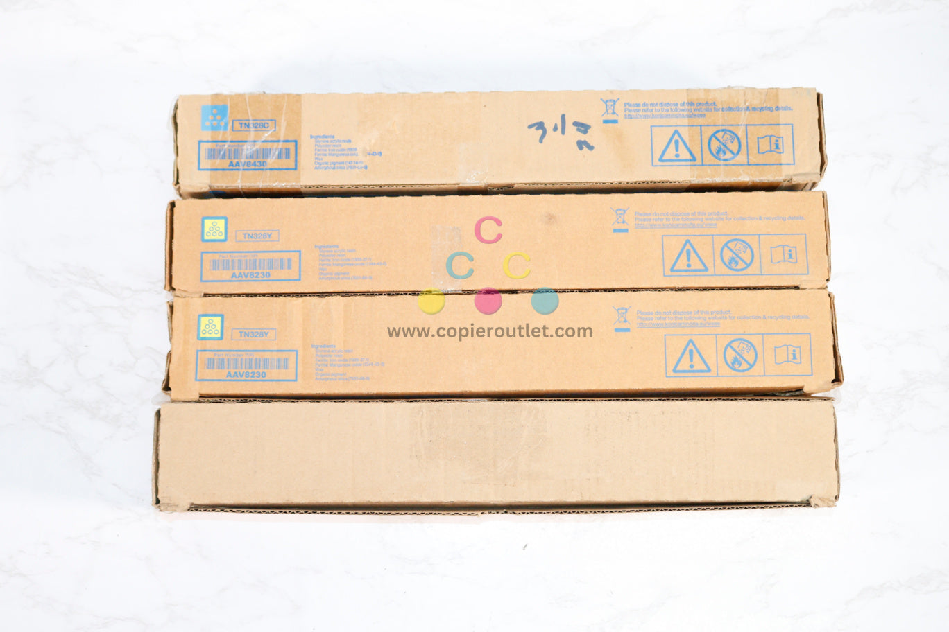 4 Open Box OEM Konica BH C250i,C300i,C360i TN328 C,Y, Y,AK Toners AAV8430,230,130