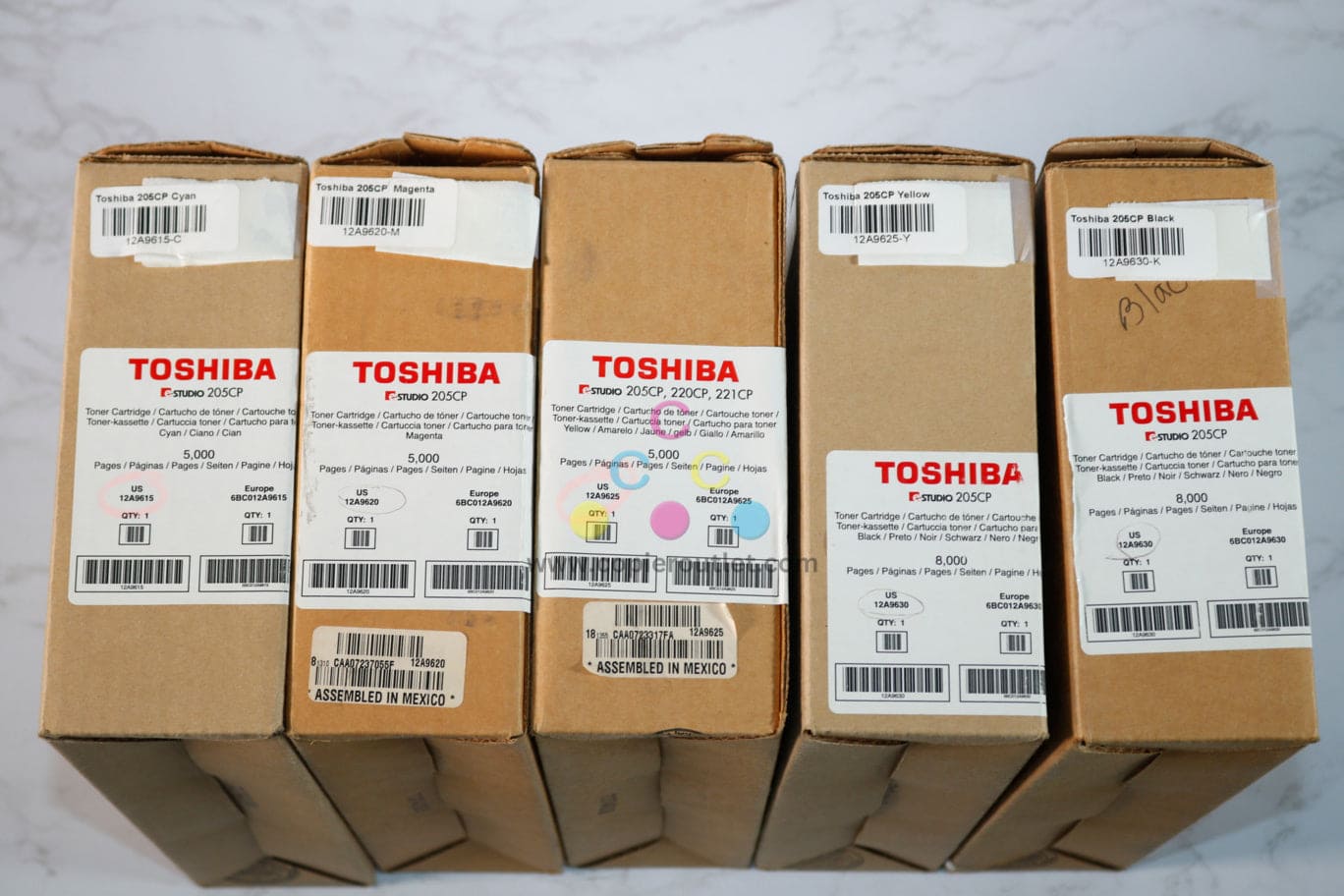 5 OEM Toshiba e-STUDIO 205cp CMYKK Toners 12A9615,12A9620,12A9625,12A9630