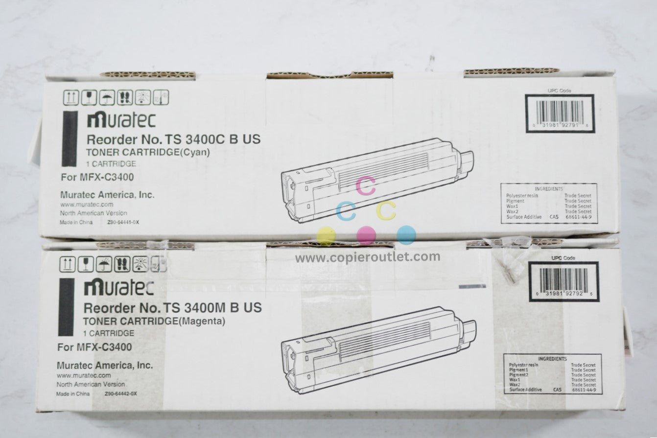 2 Genuine Muratec MFX-C3400 Cyan & Magenta Toners TS3400C, TS3400M (TS-3400)