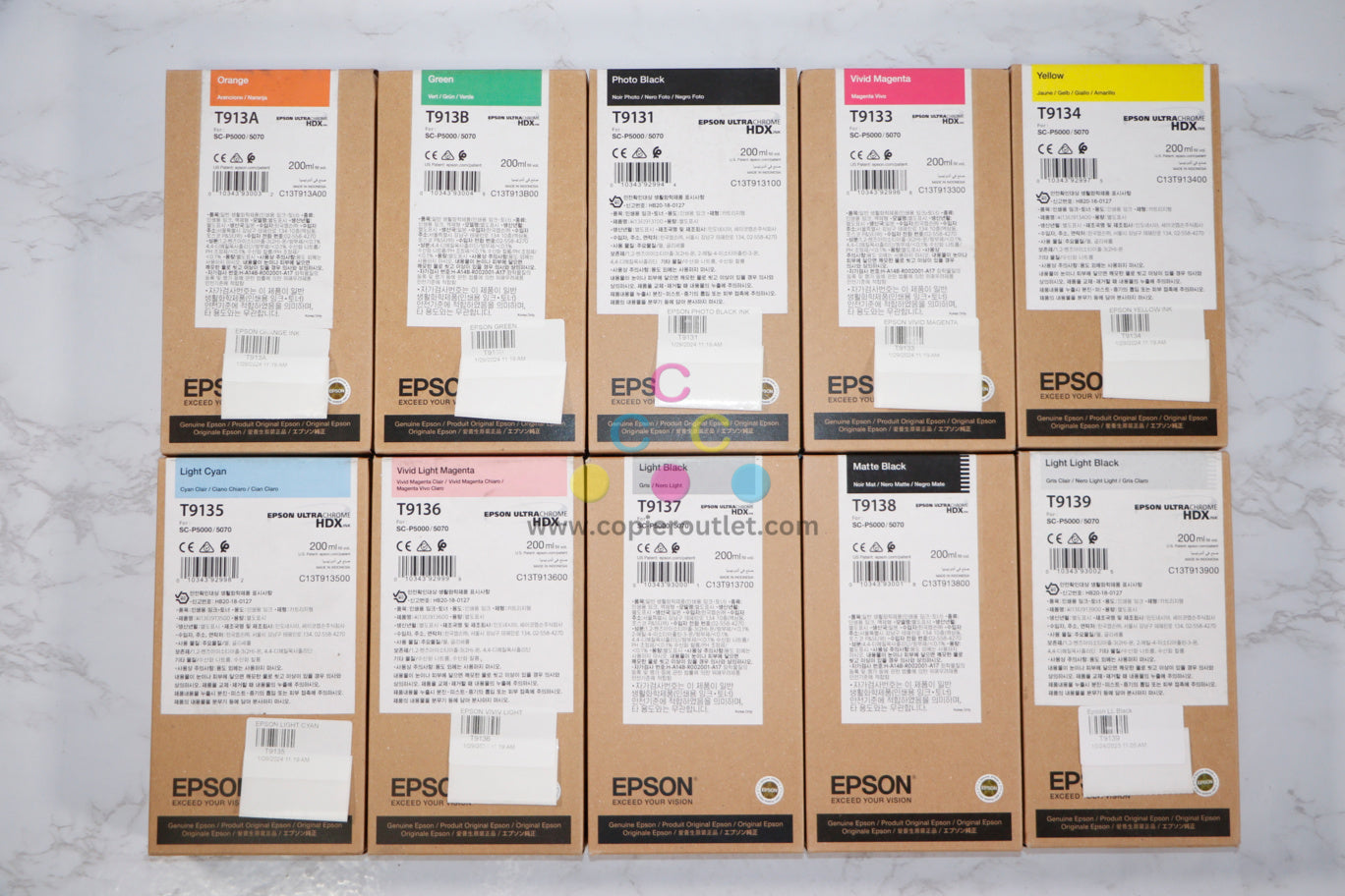 10 New OEM Epson SC-P5000,5070 Inks O,G,PBK,VM,Y,LC,VLM,LBK,MBK,LLBK T9131-T9139