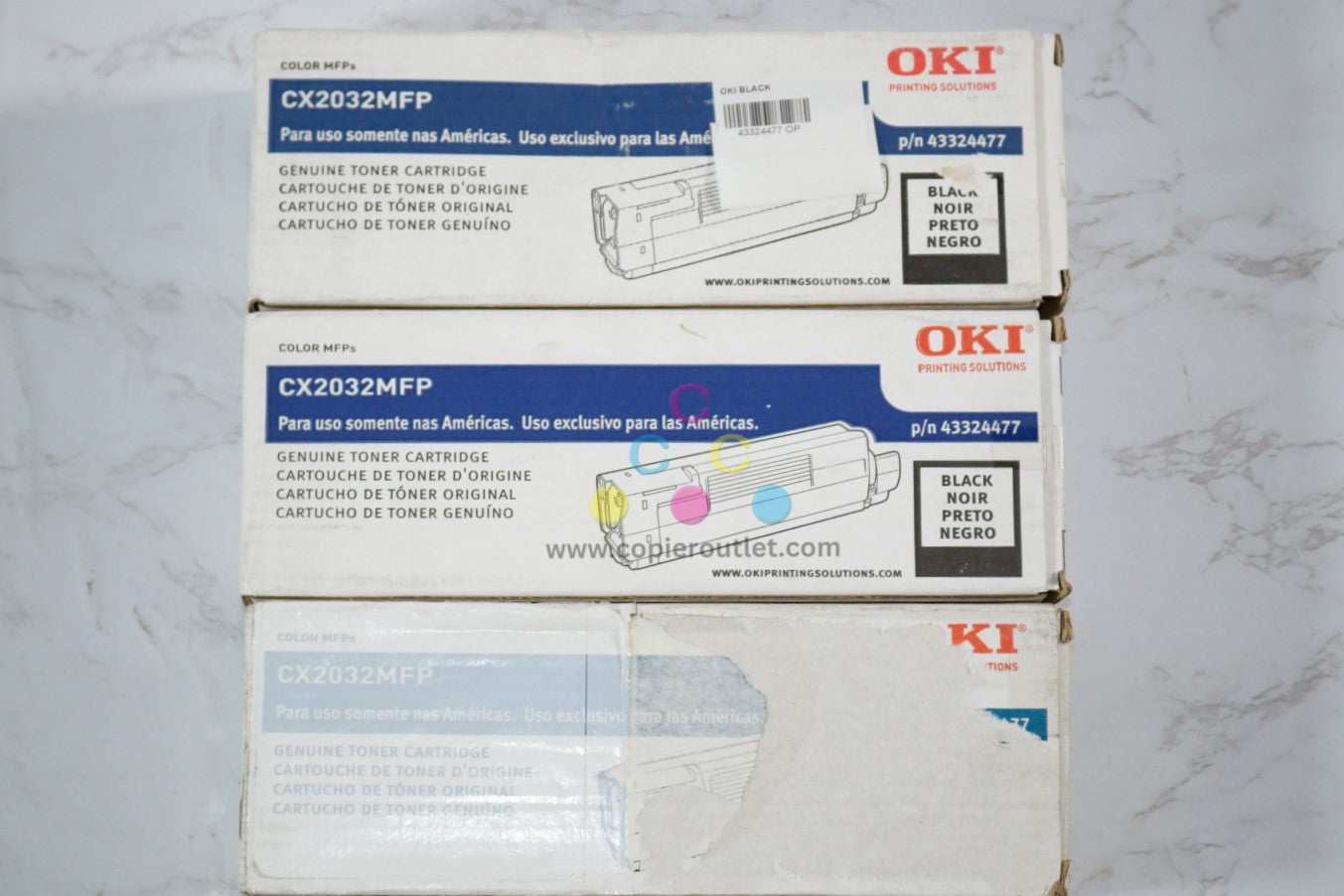 3 Open OEM Oki CX2032 mfp, Black Toner Cartridge 43324477, Same Day Ship