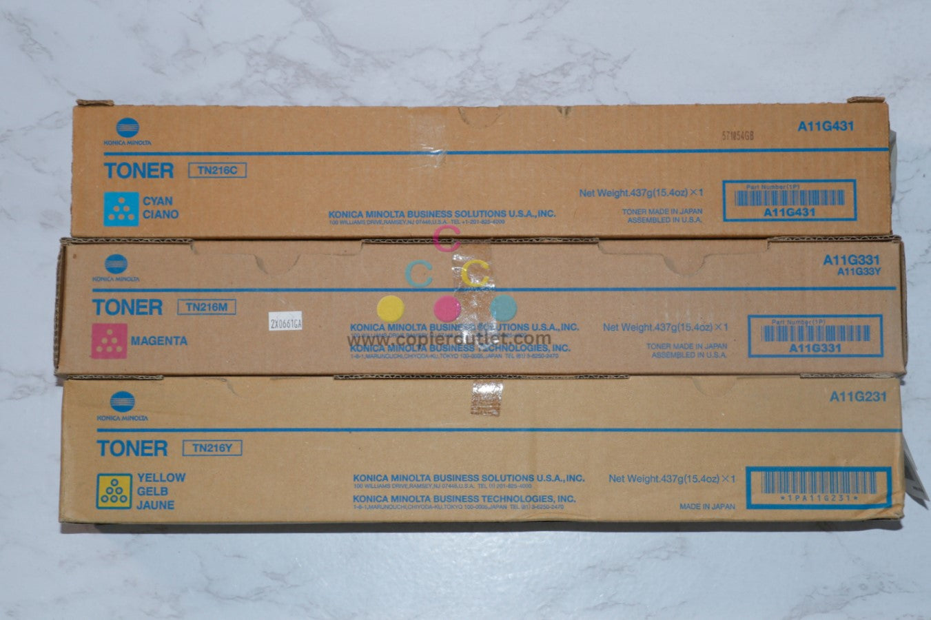 3 New OEM Konica Minolta BH C220, C280 CMY Toners TN216C, TN216M, TN216Y