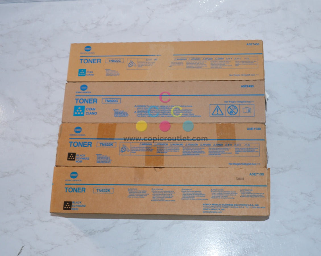 4 OEM Konica Minolta bizhub PRESS C1085,C1100 Cyan and Black Toners TN622C,TN622K