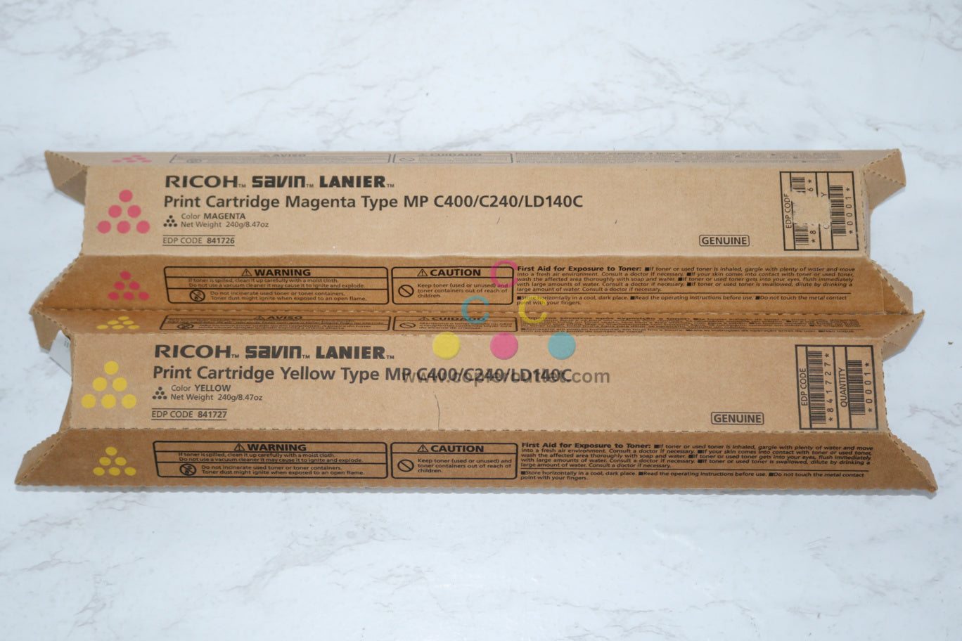 2 New OEM Ricoh MPC400,C240,LD140C,C401 Magenta And Yellow Toners 841726,841727