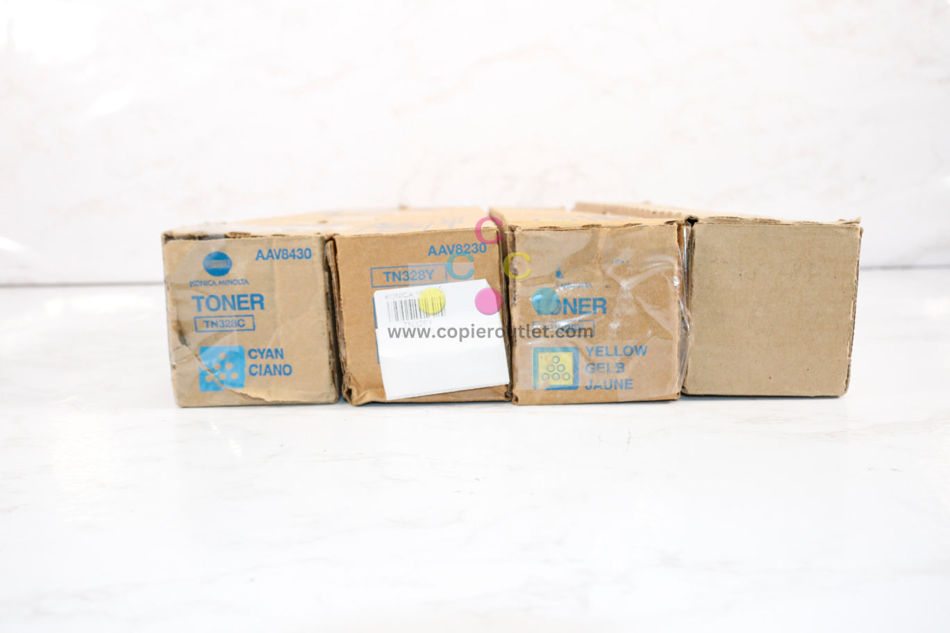 4 Open Box OEM Konica BH C250i,C300i,C360i TN328 C,Y, Y,AK Toners AAV8430,230,130