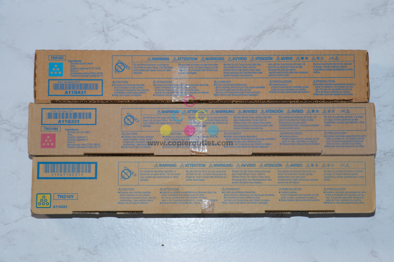 3 New OEM Konica Minolta BH C220, C280 CMY Toners TN216C, TN216M, TN216Y