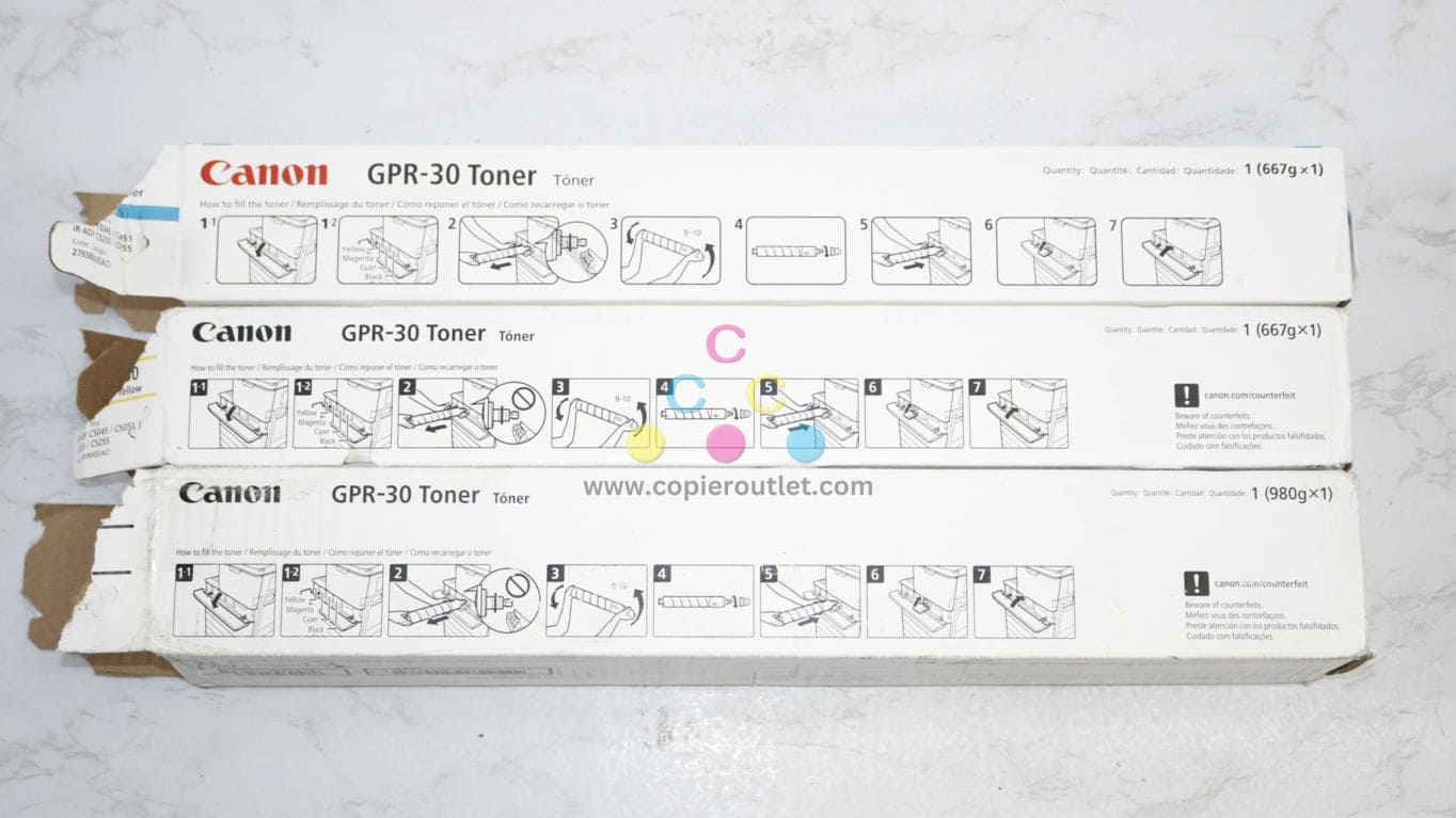 3 Open OEM Canon iR ADV C5045,C5250,C5255 CYK Toners GPR-30C,GPR-30Y,GPR-30K