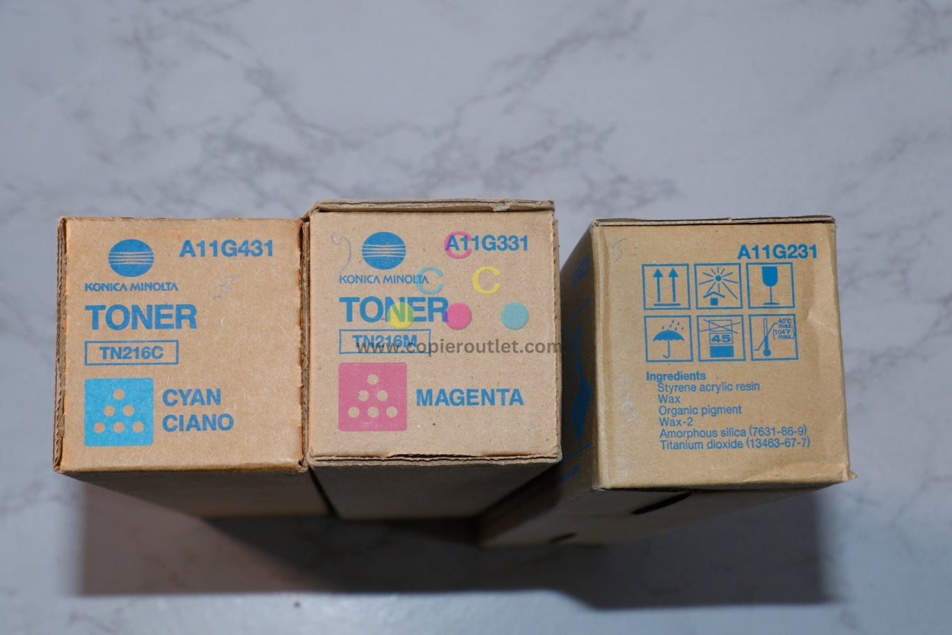 3 New OEM Konica Minolta BH C220, C280 CMY Toners TN216C, TN216M, TN216Y