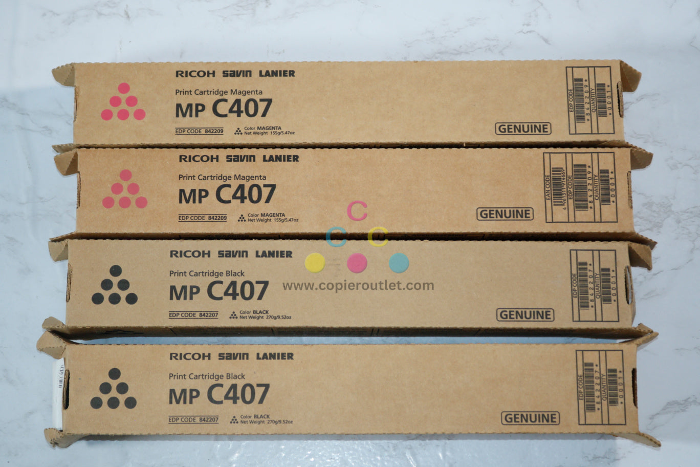 4 New OEM Ricoh MP C407, Magenta and Black C407 Print Cartridges 842207, 842209