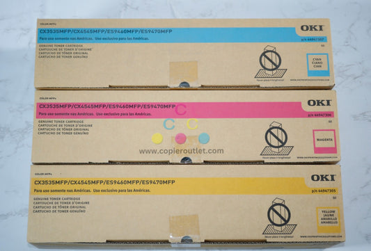 3 New OEM Oki CX3535MFP,CX4545MFP,ES9460MFP CMY Toners 44947305, 06, 07