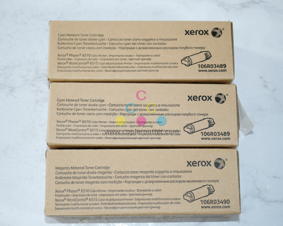 3 OEM Xerox phaser 6510, 6515, CCM Metered Toner Cartridges 106R03489, 106R03490