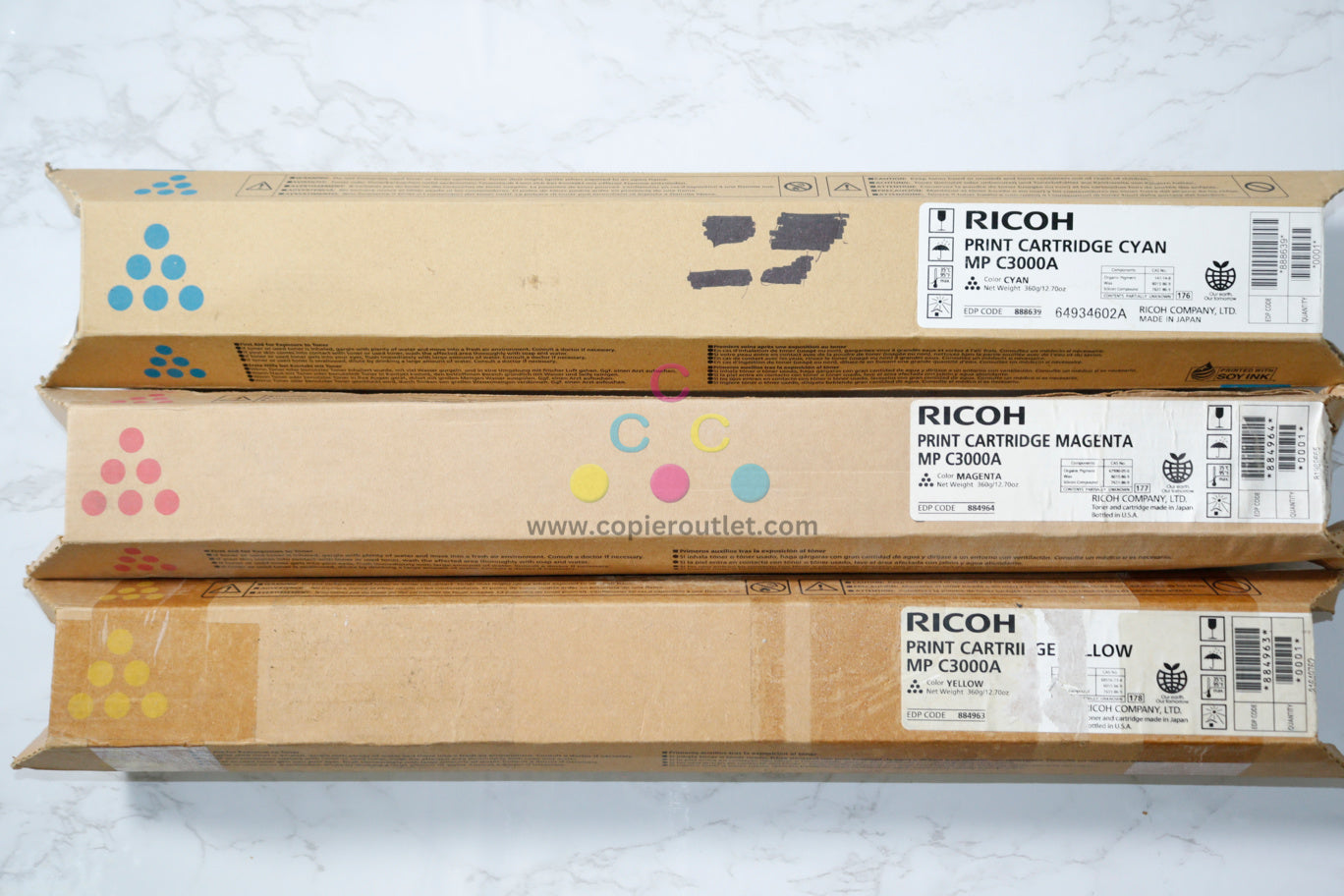 3 New OEM Ricoh MP C2500,MP C3000A CMY Print Cartridges 888693, 884963, 884964