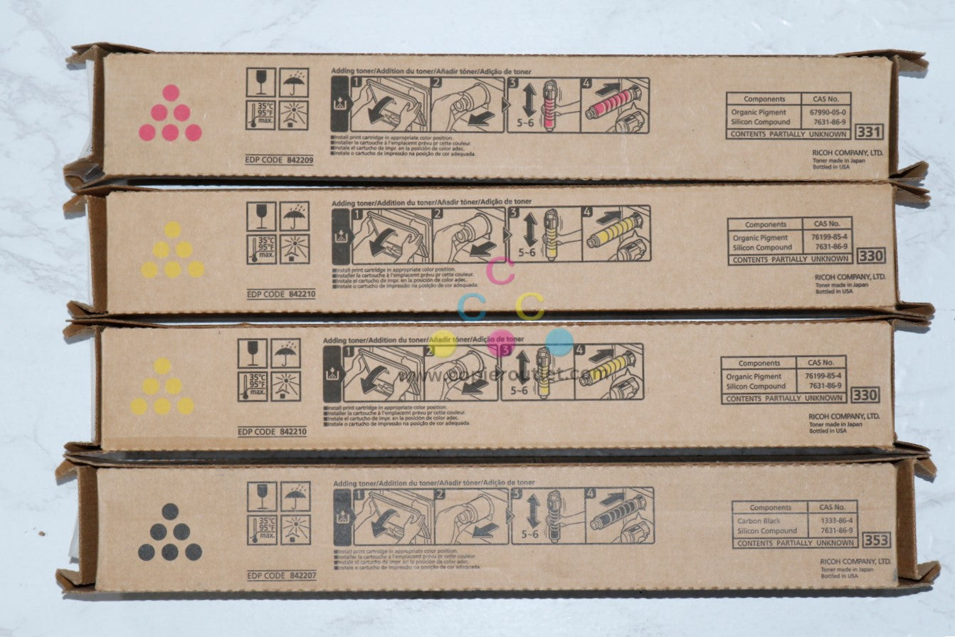 4 New OEM Ricoh MP C407 MYYK Print Cartridges 842207, 842209, 842210