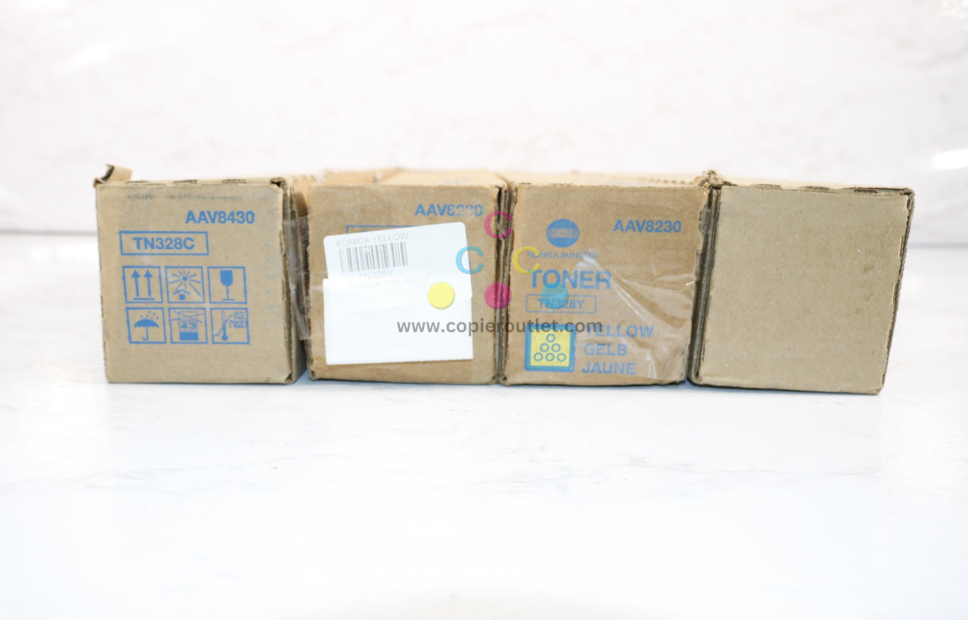 4 Open Box OEM Konica BH C250i,C300i,C360i TN328 C,Y, Y,AK Toners AAV8430,230,130