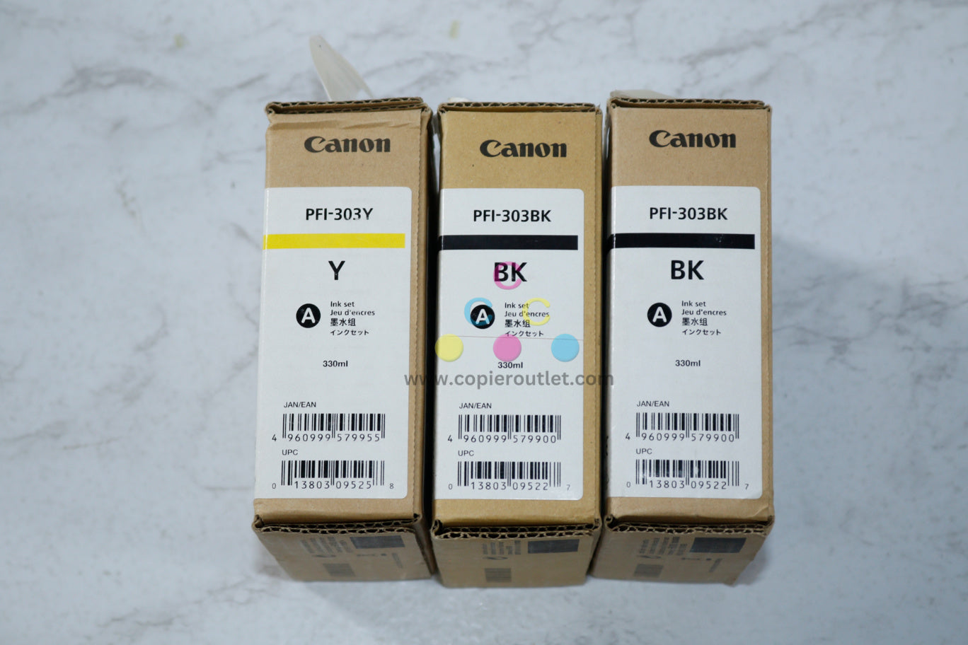 3 OEM Canon iPF810/iPF815/iPF820/iPF825 PFI-303Y,PFI-303BK Pigment Inks (Expired 2015/2017)