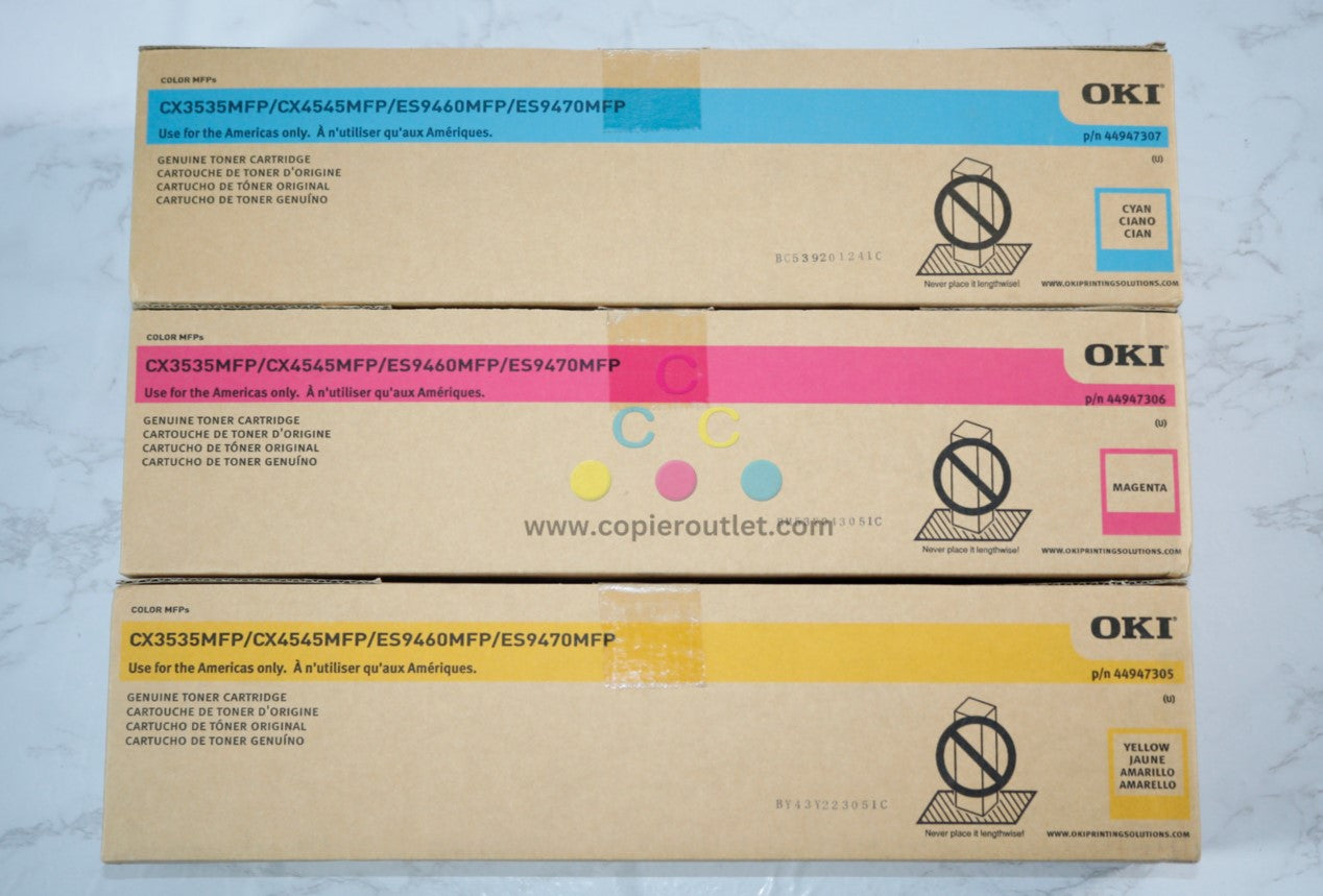 3 New OEM Oki CX3535MFP,CX4545MFP,ES9460MFP CMY Toners 44947305, 06, 07