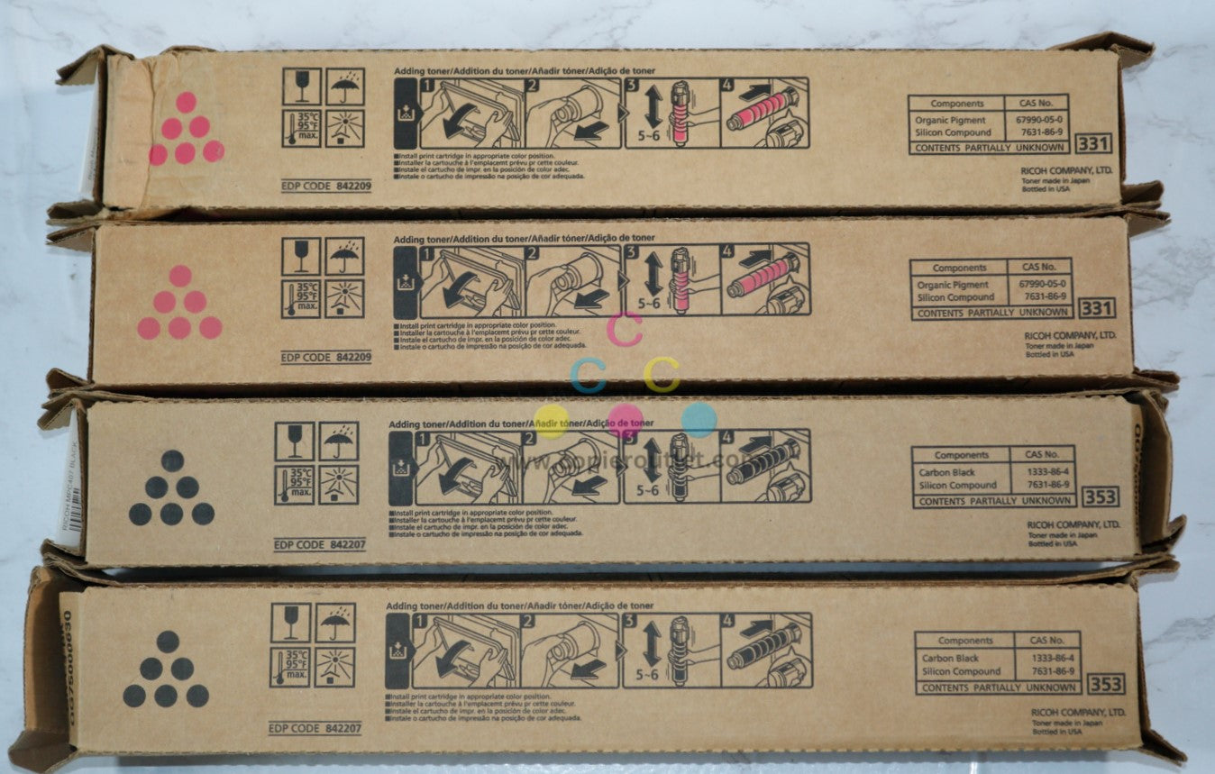 4 New OEM Ricoh MP C407, Magenta and Black C407 Print Cartridges 842207, 842209