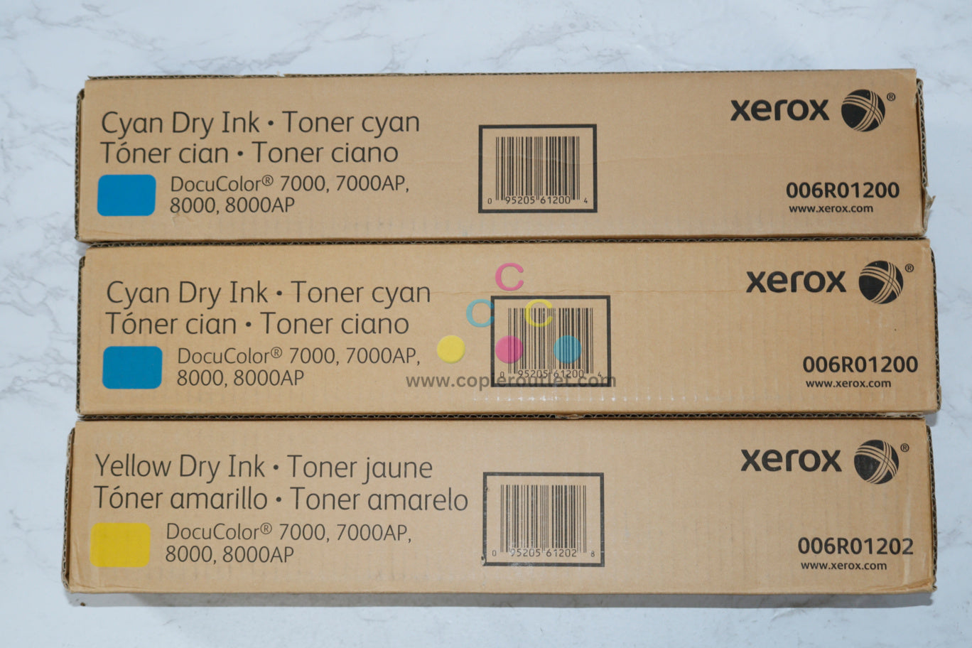 3 New OEM Xerox DocuColor 7000, 8000 CCY Toner Cartridges 006R01200, 006R01202