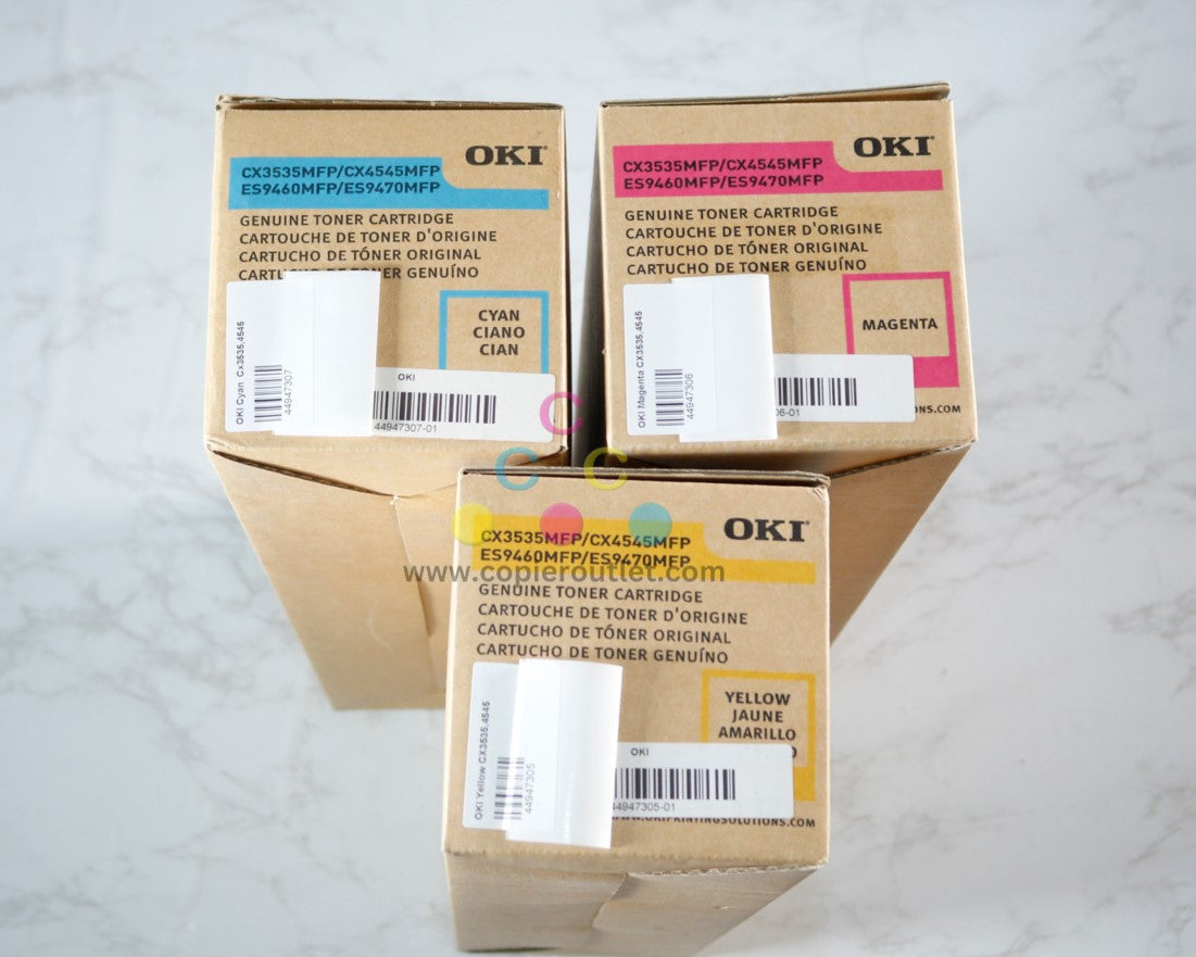 3 New OEM Oki CX3535MFP,CX4545MFP,ES9460MFP CMY Toners 44947305, 06, 07