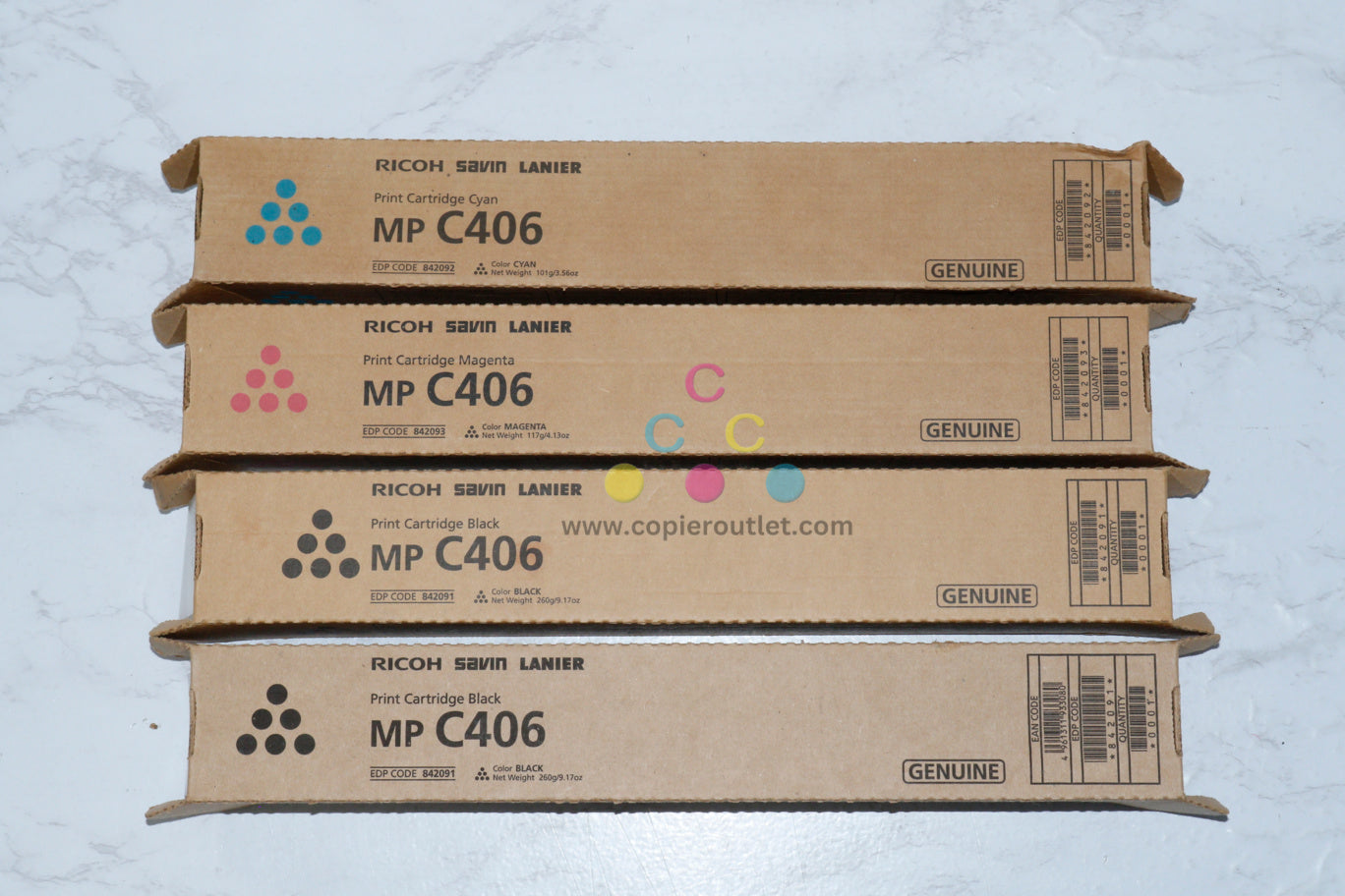 4 New OEM Ricoh MP C306,C307,C406 CMKK Toner Cartridges 842091, 842092, 842093