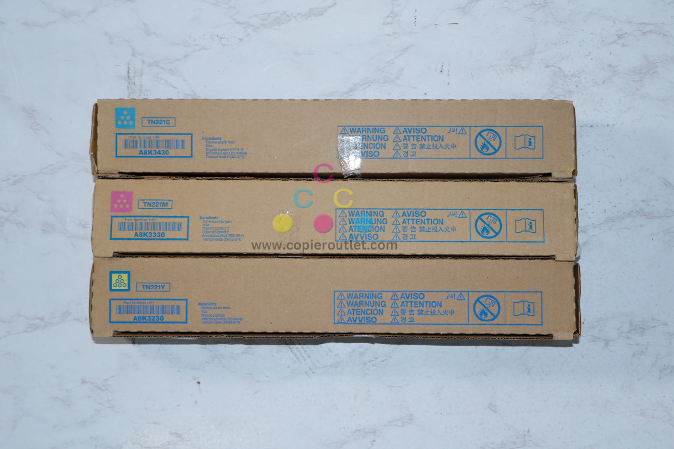 3 OEM Konica Minolta BizHub C227,C287 CMY Toner Cartridges TN221C,TN221M,TN221Y