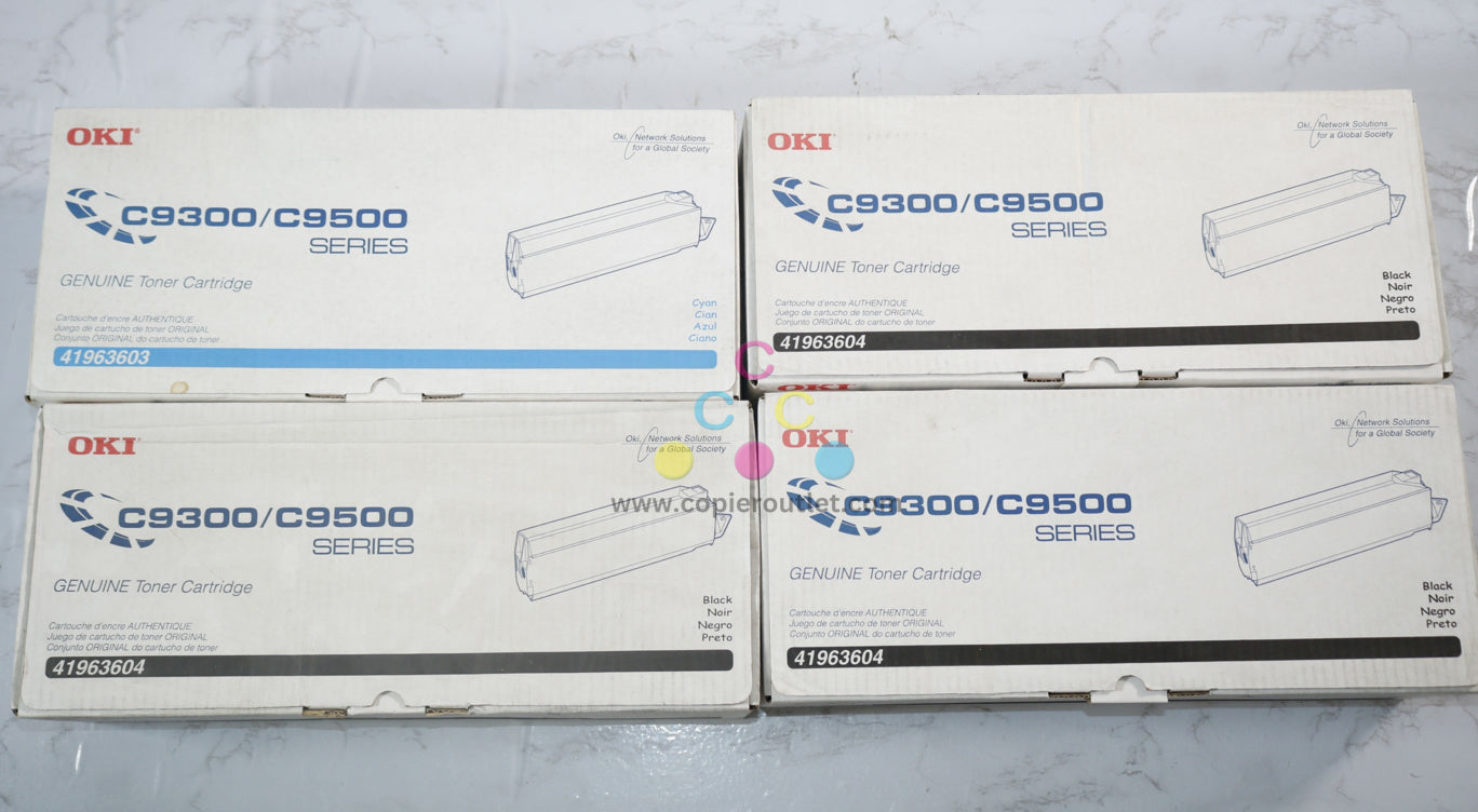 4 New OEM Oki C9300/C9500 Series Cyan & Black CKKK Toners 41963603, 41963604