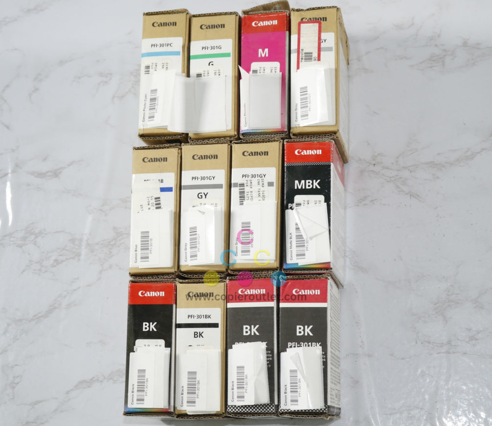 12 OEM Canon iPROGRAF 8000, 8010S PFI-301 PC,G,M,PGY,B,GY,MBK,BK Ink Tanks (Expired)