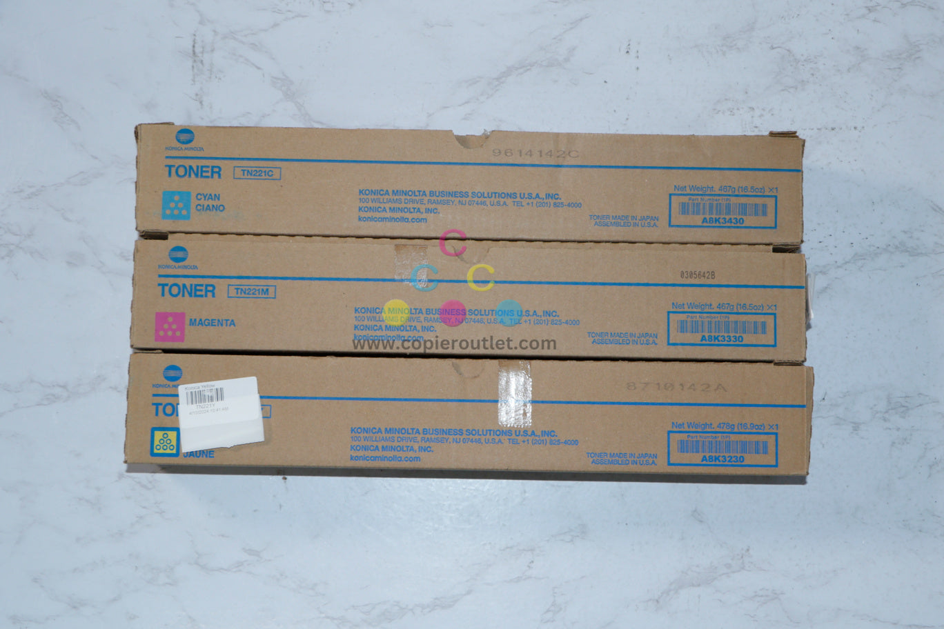 3 OEM Konica Minolta BizHub C227,C287 CMY Toner Cartridges TN221C,TN221M,TN221Y