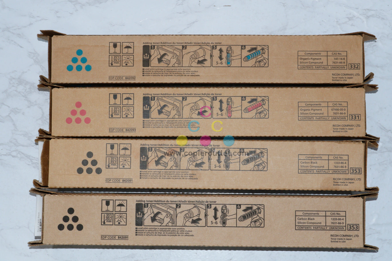 4 New OEM Ricoh MP C306,C307,C406 CMKK Toner Cartridges 842091, 842092, 842093