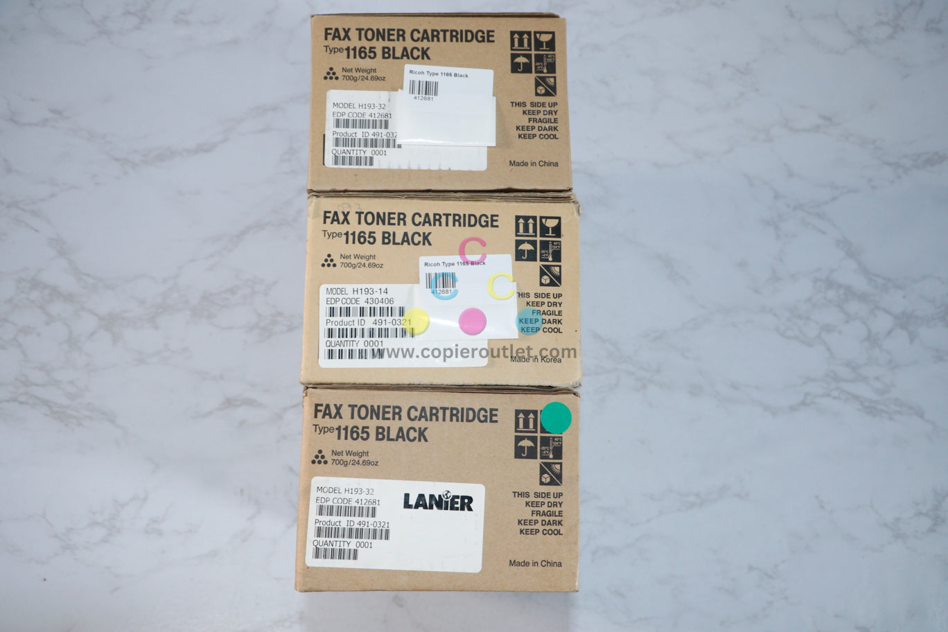 3 New OEM Ricoh Type 1165 Black Fax Toner Cart. 412681(H193-32), 430406(H193-14)