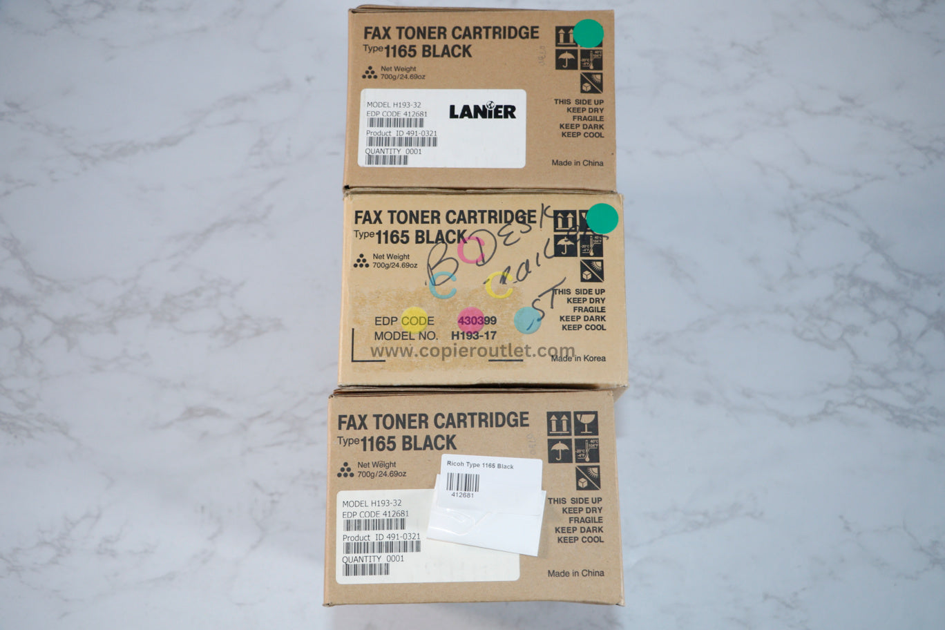 3 New OEM Ricoh Type 1165 Black Fax Toner Cart. 412681(H193-32), 430406(H193-14)