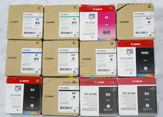 12 OEM Canon iPROGRAF 8000, 8010S PFI-301 PC,G,M,PGY,B,GY,MBK,BK Ink Tanks (Expired)