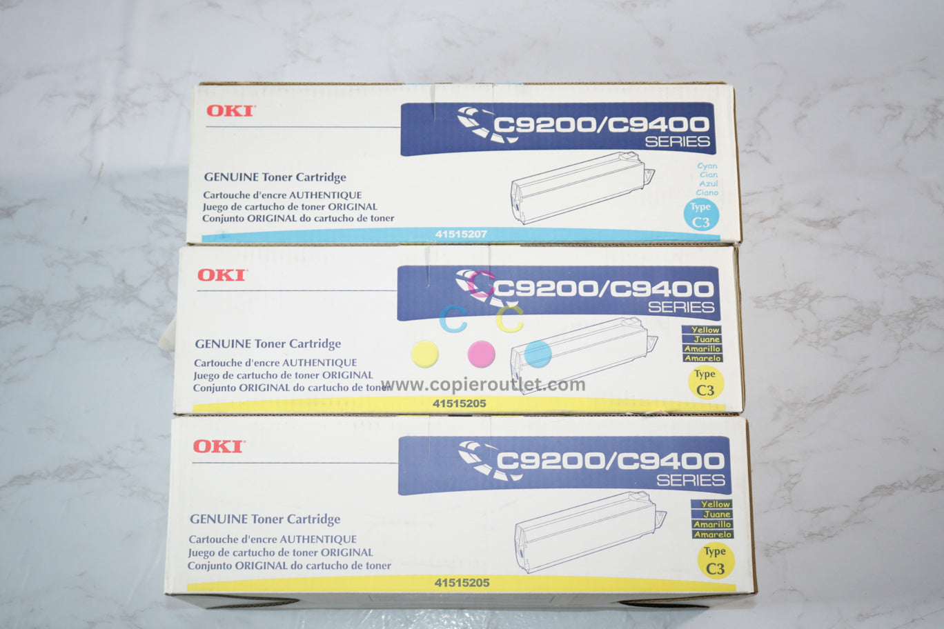 3 New OEM Oki C9200,C9400 Series Type C3 Cyan & Yellow Toners 41515205, 41515207