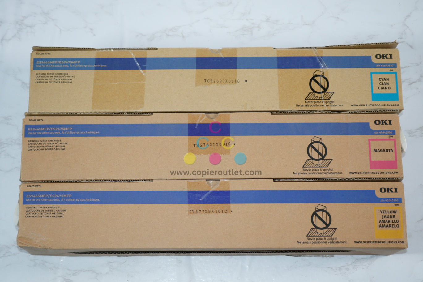 3 OEM Oki ES9465, ES9475 CMY Toner Cartridges 45643505,45643506,45643507