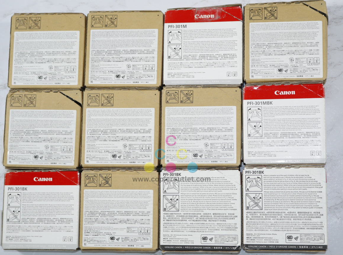 12 OEM Canon iPROGRAF 8000, 8010S PFI-301 PC,G,M,PGY,B,GY,MBK,BK Ink Tanks (Expired)