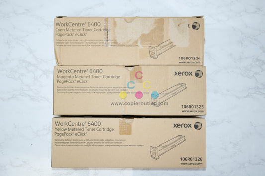 3 Cosmetic OEM Xerox WorkCentre 6400 CMY Metered Toner Cartridges 106R01324,25,26