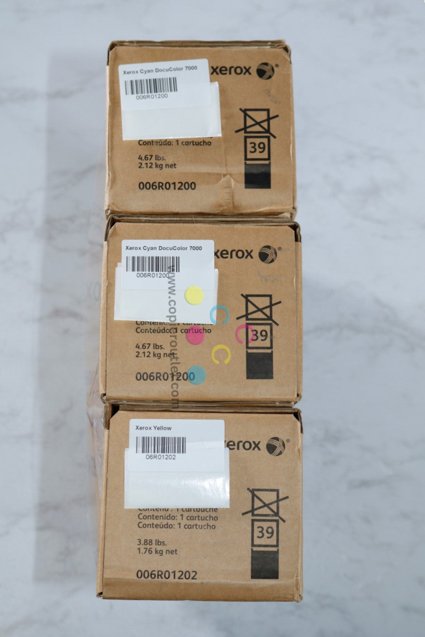 3 New OEM Xerox DocuColor 7000, 8000 CCY Toner Cartridges 006R01200, 006R01202