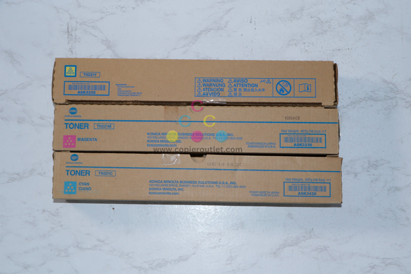 3 OEM Konica Minolta BizHub C227,C287 CMY Toner Cartridges TN221C,TN221M,TN221Y