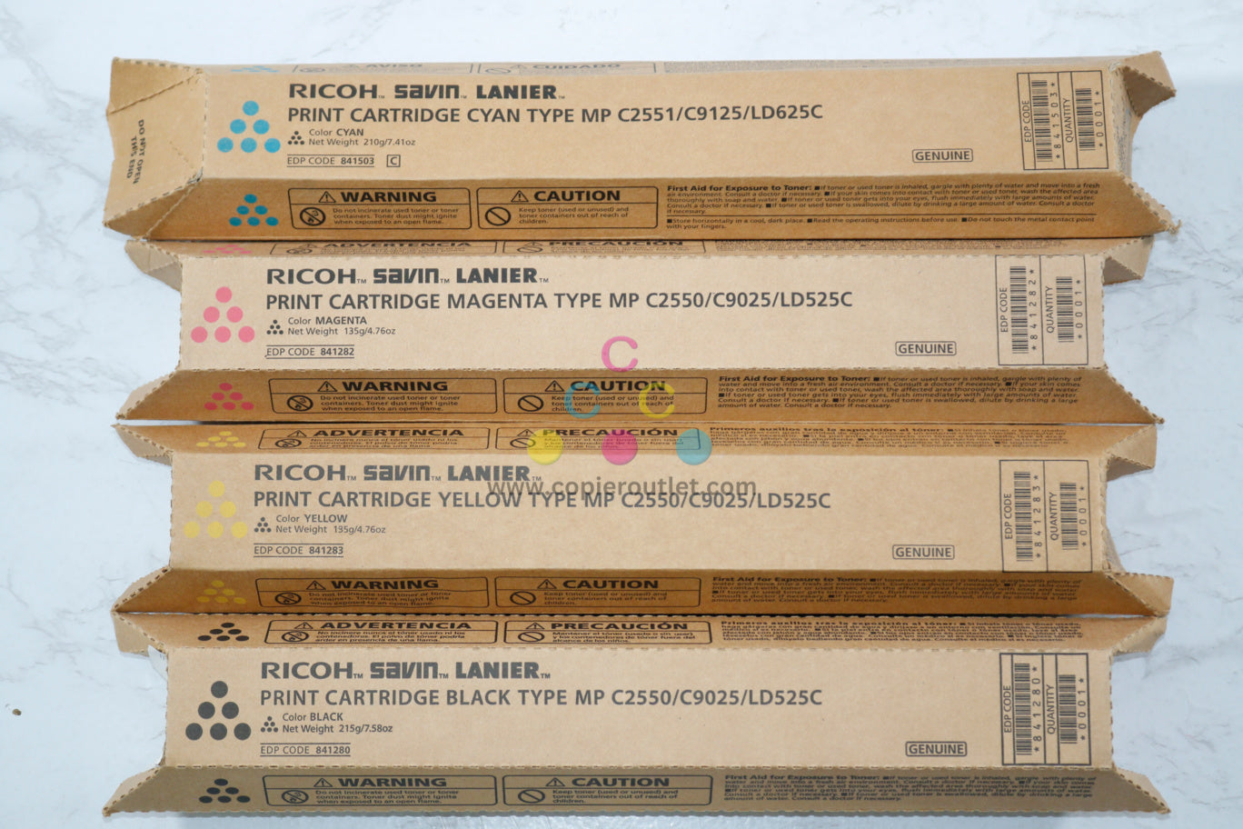 4 New OEM Ricoh MP C2550,9025,LD525C CMYK Toners 841280,841281,841282,841283