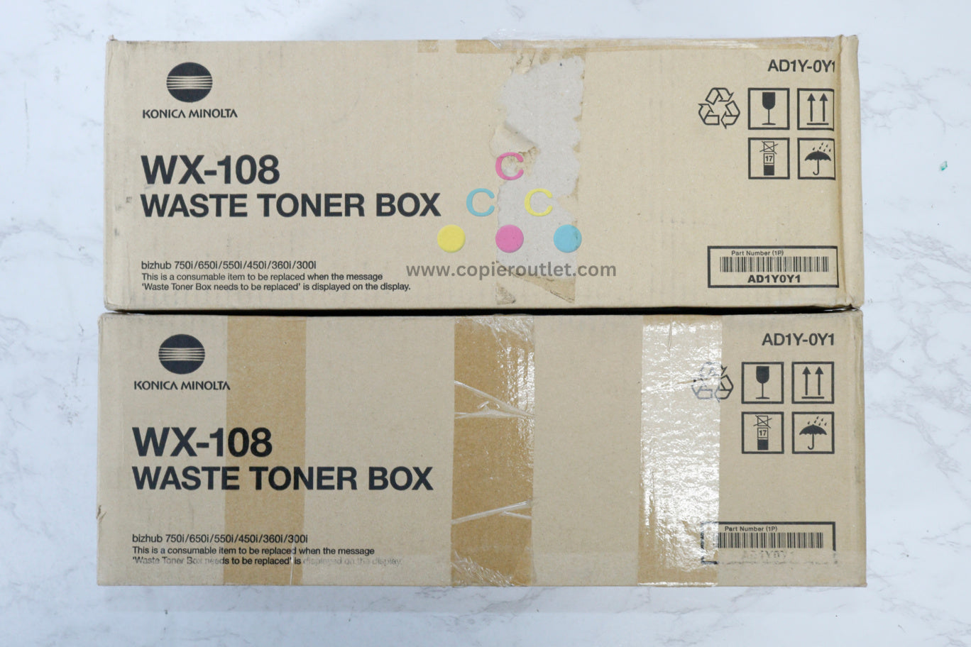 2 OEM Konica BH 300i,360i,450i,550i Waste Cont. WX-108 / AD1Y0Y1 (1 New & 1 Open)