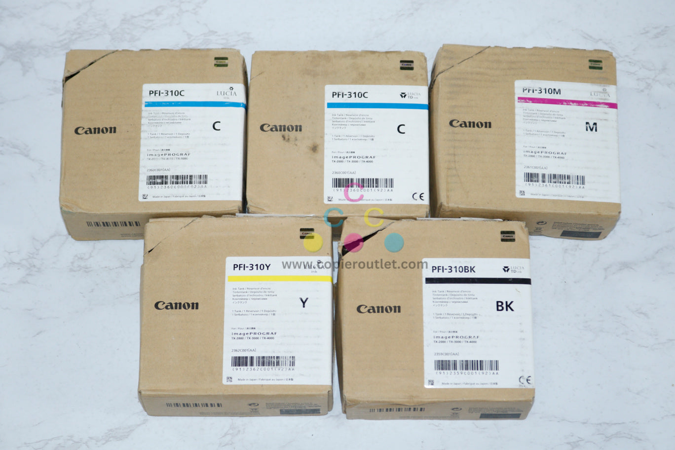 5 New OEM Canon iPR TX-2000,TX400, PFI-310 C,C,M,Y,BK Pigment Ink Cartridges