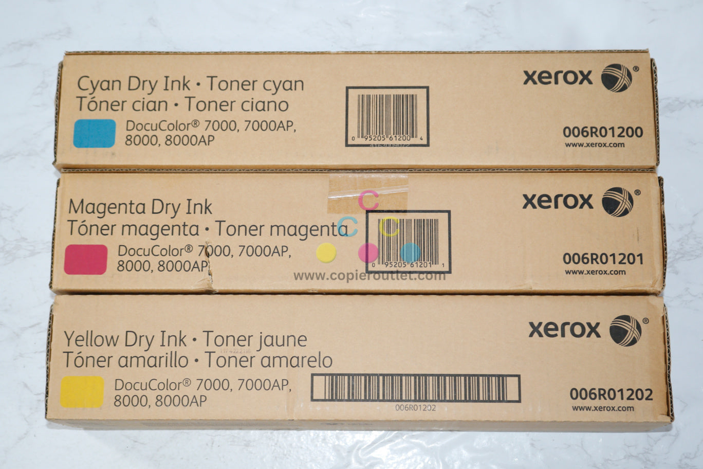 3 New OEM Xerox DocuColor 7000, 8000 CMY Toner Cartridges 006R01200, 1201, 1202