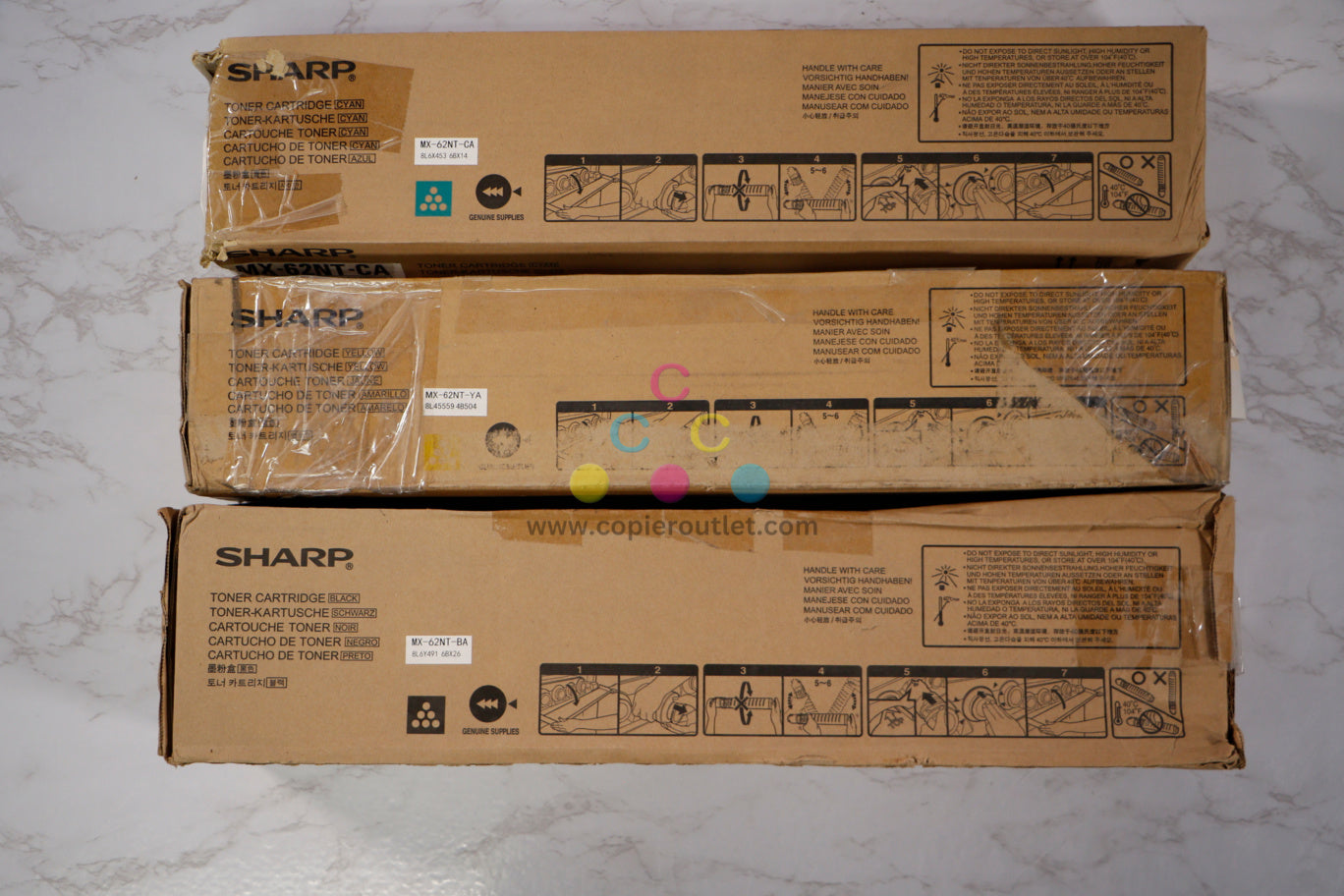 3 Open OEM Sharp MX-6240N,MX-6500N CYK Toners MX-62NT-CA,MX-62NT-YA,MX62NT-BA